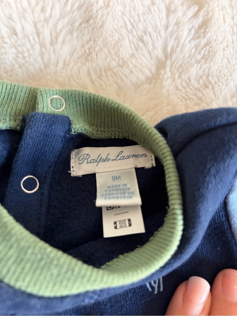 Ralph Lauren Navy One-Piece with Light Blue Sleeves and Green Trim - Picture 3 of 4